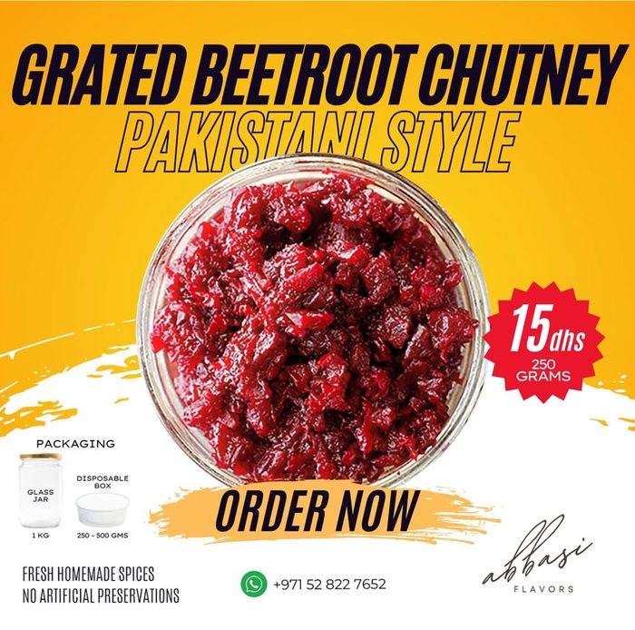 Abbasi Flavors poster: Grated Beetroot Chutney, Pakistani style, 15 dirhams for 250 grams
