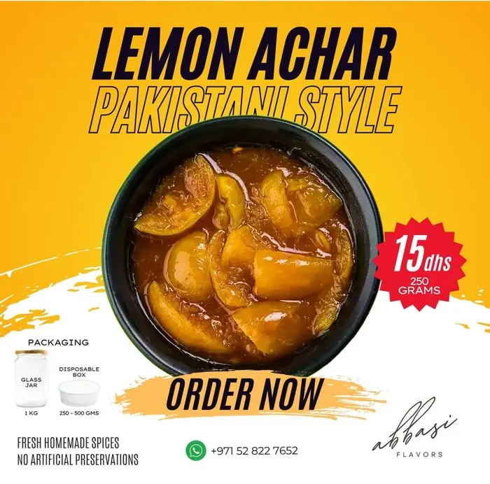 Abbasi Flavors poster: Lemon Achar, Pakistani style, 15 dirhams for 250 grams