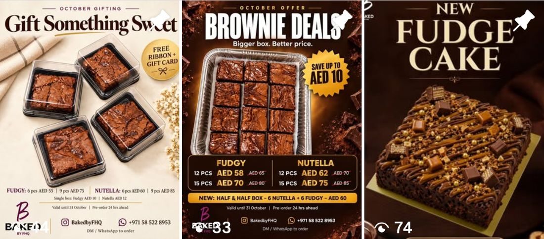 Three October 2026 Baked by FHQ posters: Gift Something Sweet, Brownie Deals and New Fudge Cake