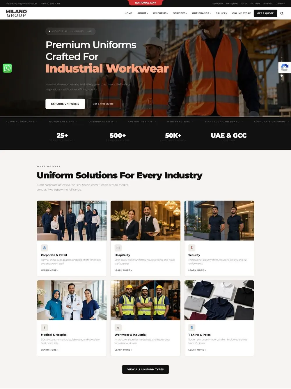 Milano Group homepage after the rebuild: industry-led hero, quote button and industry cards