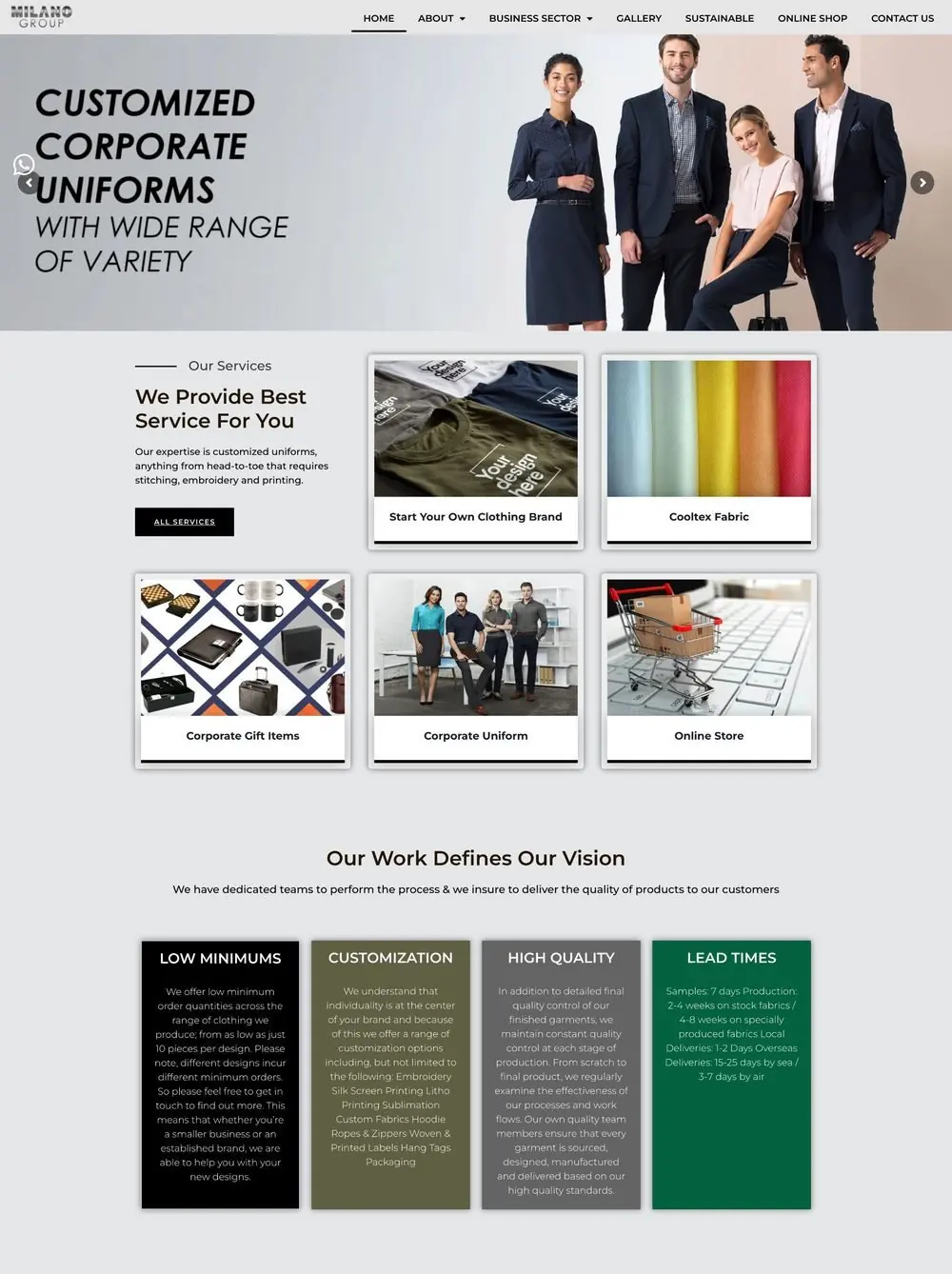 Milano Group homepage before the rebuild: a slider banner, grey service cards and long text blocks