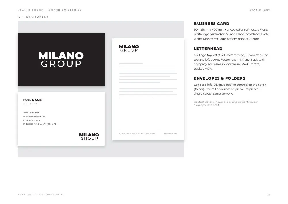 Brand guidelines page: business card and letterhead