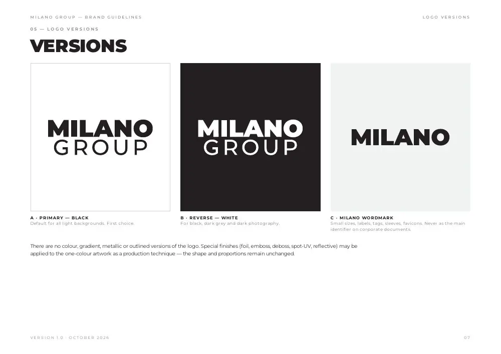 Brand guidelines page: three logo versions