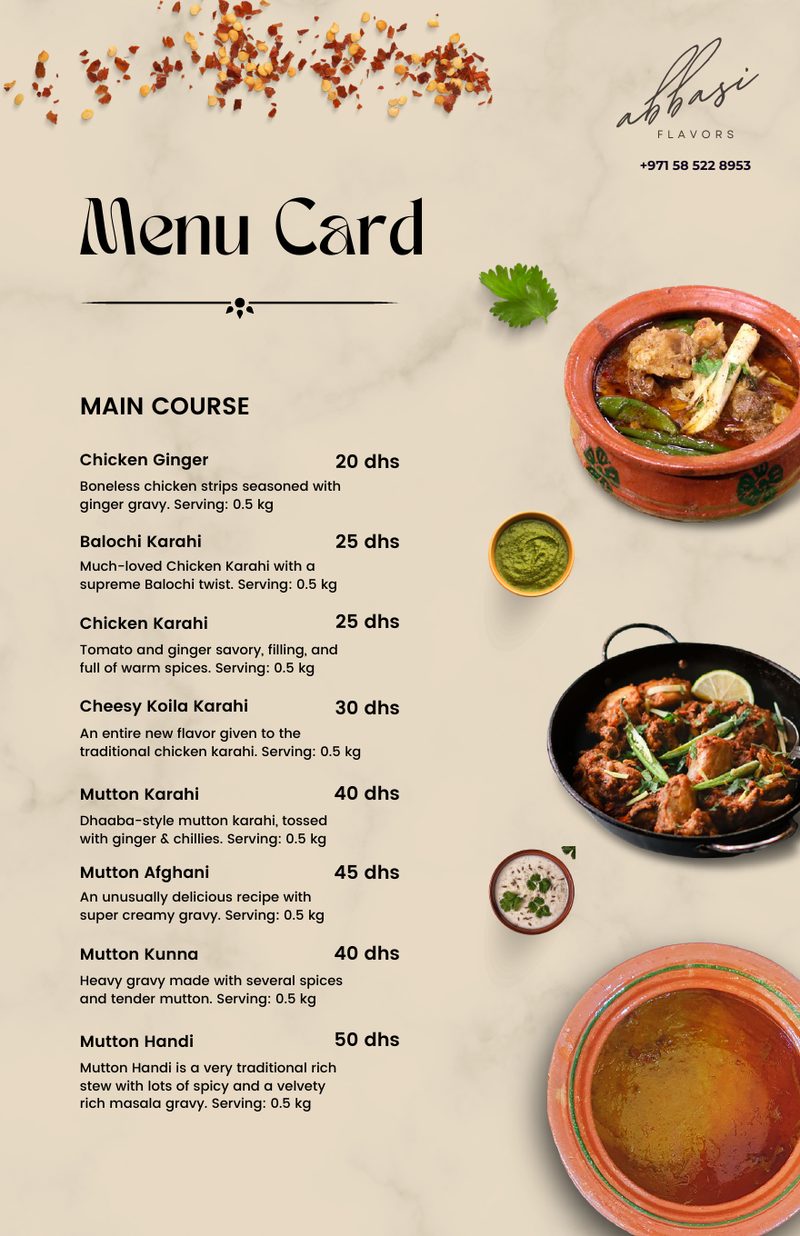 Abbasi Flavors menu card page: Main Course, with chicken and mutton karahi dishes, serving sizes and prices