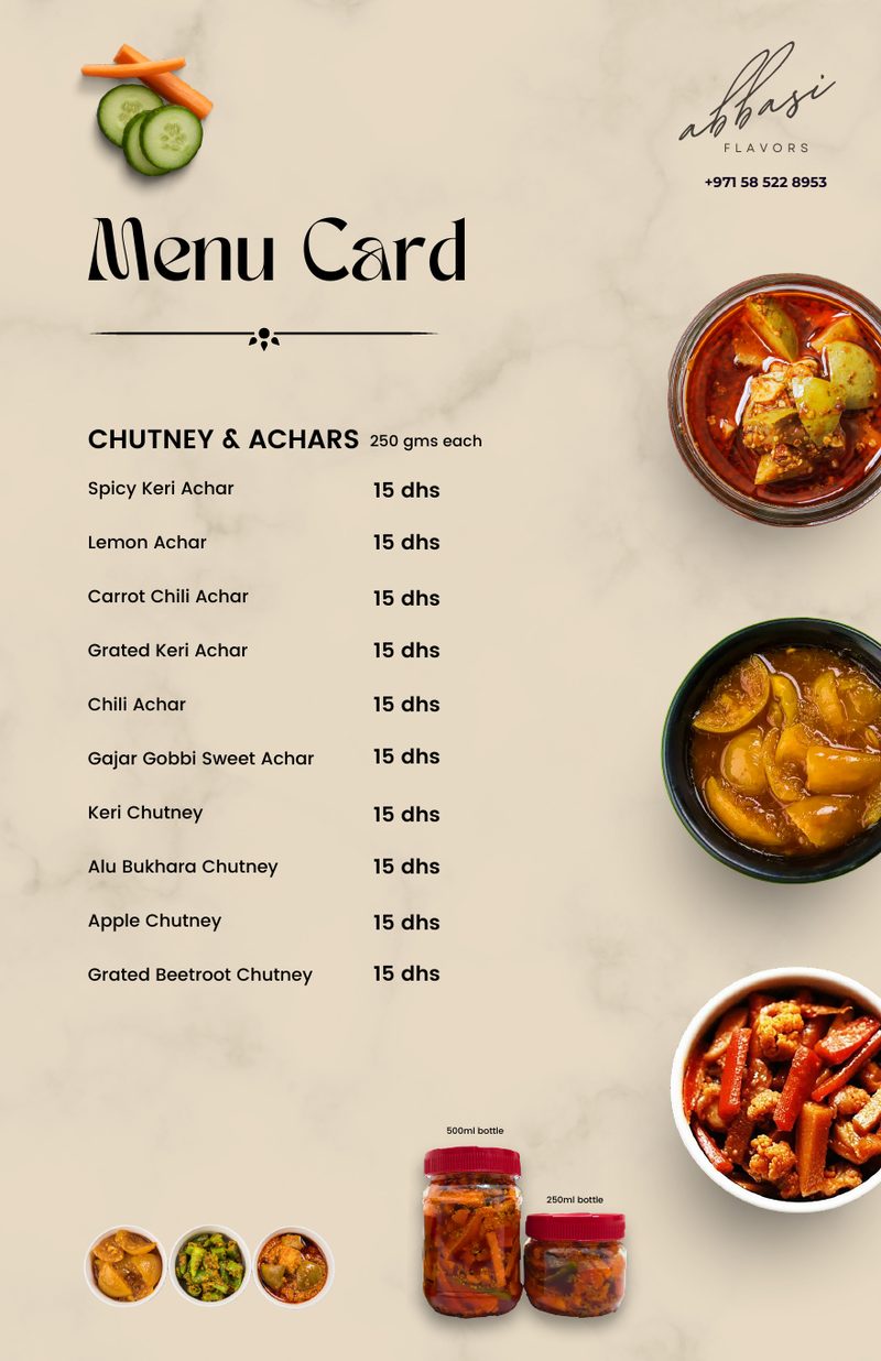 Abbasi Flavors menu card page: Chutney and Achars, 250 grams each, with jar photos