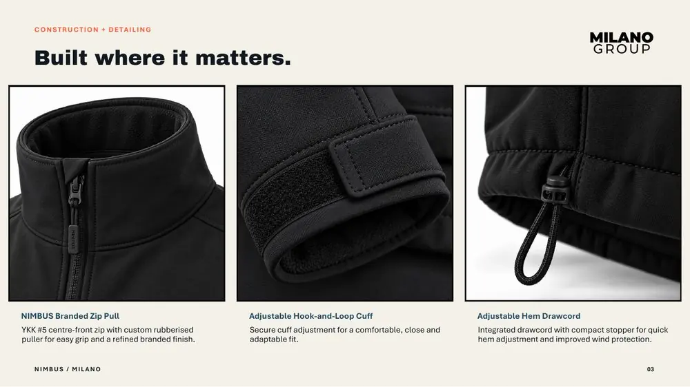 Nimbus slide: zip pull, adjustable cuff and hem drawcord details
