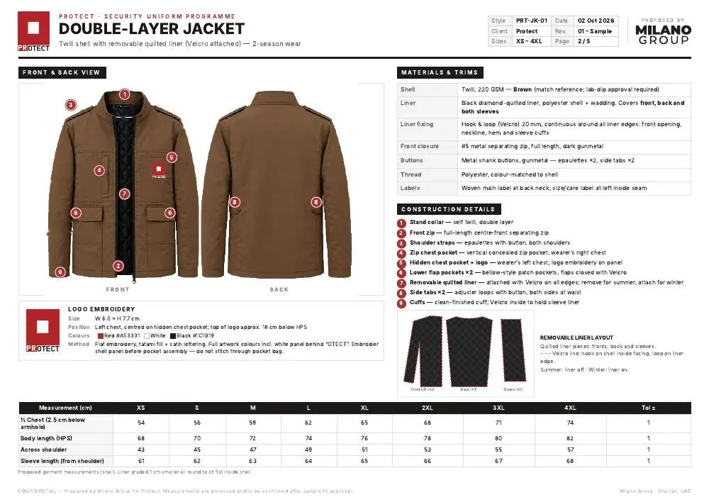 Tech pack page for the double-layer jacket with materials, construction details and size chart