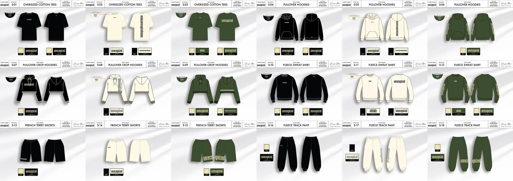 Overview of 18 tech pack sheets: oversized tees, pullover and crop hoodies, fleece sweatshirts, French terry shorts and track pants in black, cream and green