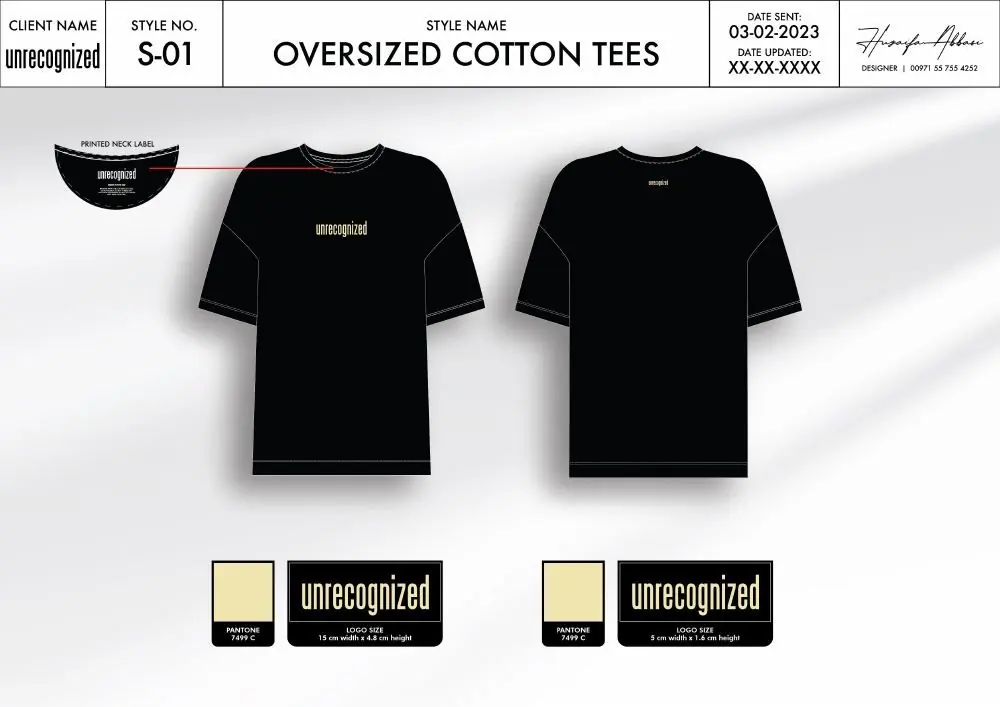 Tech pack sheet S-01: oversized cotton tee, front and back, with label details