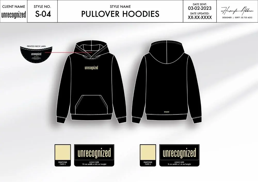 Tech pack sheet S-04: pullover hoodie, front and back, with label and trim details